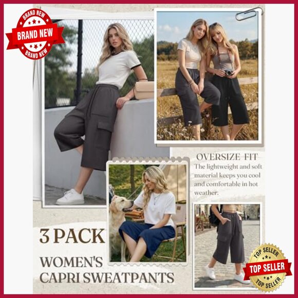 3 Pack Women's Capri Cargo Sweatpants Wide Leg Cropped Casual Drawstring - Picture 3 of 7